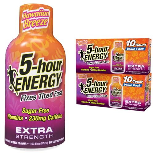 5-hour ENERGY Extra Strength Hawaiian Breeze Energy Shot 1.93oz, 20-Pack – Sugar Free Caffeine Energy Booster with B-Vitamins & Amino Acids – Zero Calorie