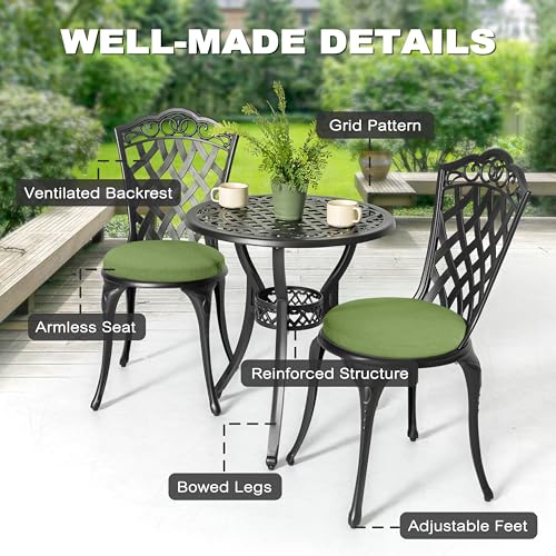 Image of NUU GARDEN 3-Piece Cast Aluminum Patio Bistro Set, Outdoor Table and Chairs Set of 2 with Umbrella Hole and Green Cushions for Patio, Balcony, Garden, Black