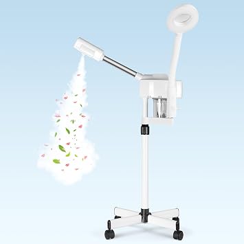 2 in 1 Facial Steamer Professional Nano Ionic Face Deep Cleansing Hydration with 5X Magnifying LED Lamp & Rolling Wheels, High Frequency, Portable Home Spa Salon Beauty Skin Care Equipment