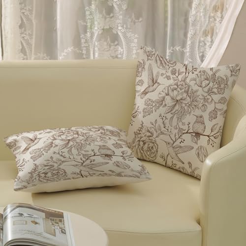 Chinoiserie Brown Throw Pillow Covers 18x18 Inch 2 Pcs Vintage Brown Floral Bird Outdoor Decor Pillow Covers Flower Spring Fall Seasonal Decorative Pillowcase Linen Cushion Cover for Couch Sofa — view 4