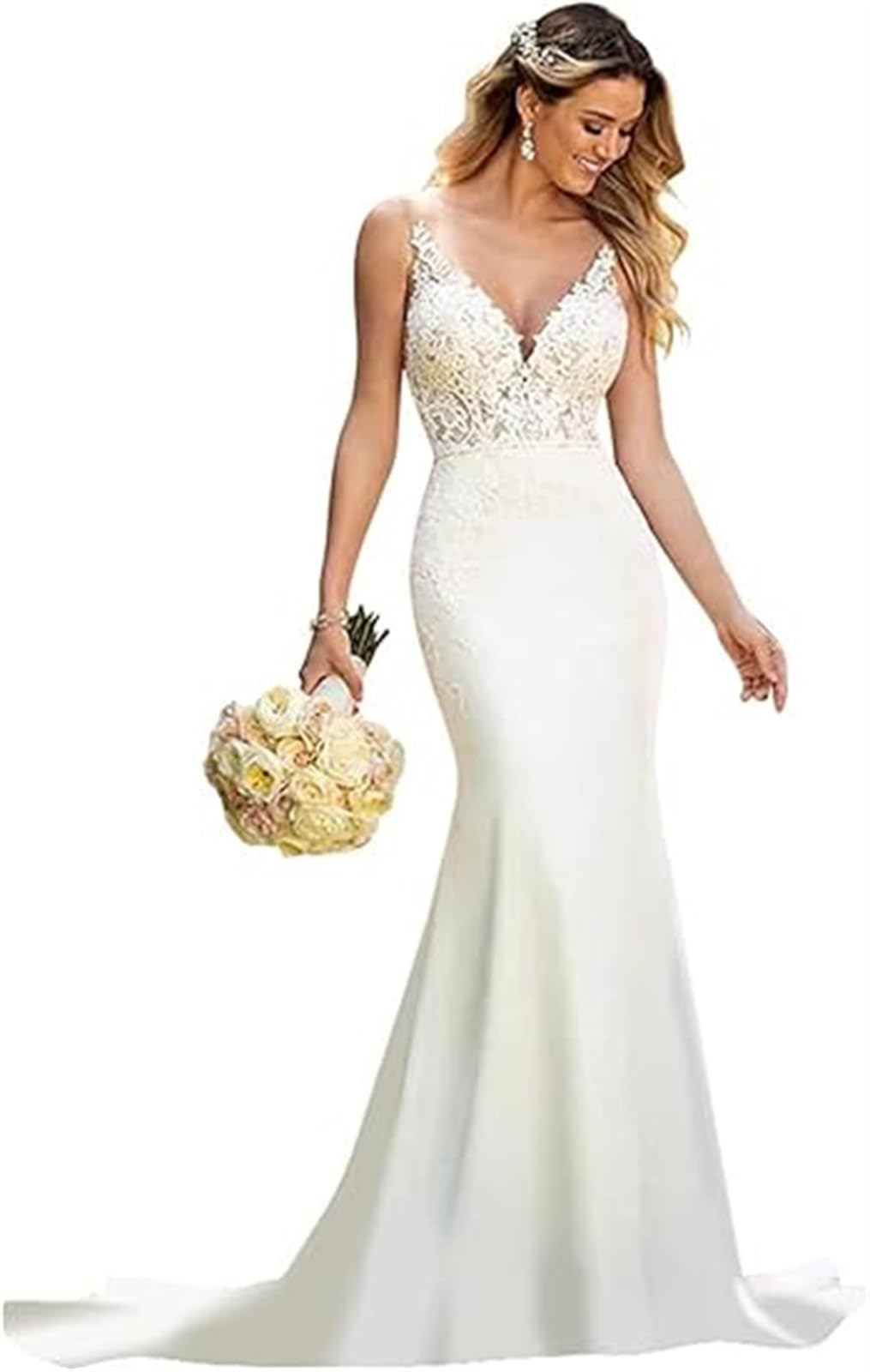 TSxuelian Vestidos de novia de satén para mujer, sin mangas, estilo bohemio, largo, de encaje