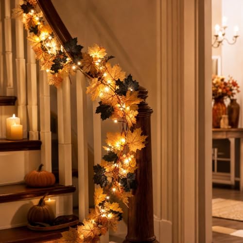 3PCS Thanksgiving Simulation Maple Leaf Fall Garland with Led Lights, 69in | Artificial Deciduous Fake Vines For Staircase Dining Table Fireplace Mantel Home Decor Hanging Vines Farmhouse Fall Decor - image 5