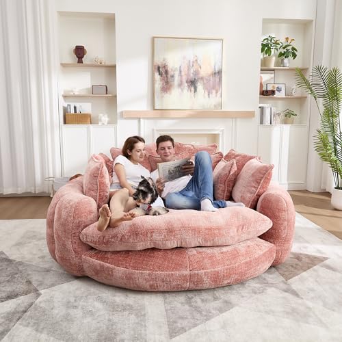 Image of 81 inch Round Sofa Bed Big Bean Bag Round Chaise Lounge Oversized Round Couch Boneless Reading Chair Plush Fluffy Chenille Large Chaise Chair for Living Room, Bedroom, Apartment, Pink