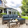 Vongrasig 3 Piece Patio Furniture Sets, All-Weather Wicker Outdoor Sofa Couch Sectional Set, Small Conversation Set for Garden/Patio w/Cushion, Glass Table, Blue