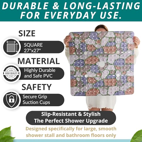 Image of ENKOSI Square Shower Mat 27x27 inch - Anti Slip Shower Stall Floor Mat - Non Slip Shower Mats with Strong Secure Suction Cups and Drain Holes in Middle (27x27 Stone Path)