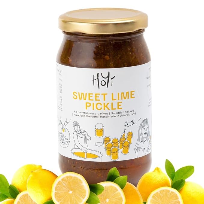 Image of HoYi Sweet Lime Pickle | Khatta Meetha Nimbu Ka Achar | No Added Refined Sugar | Handmade Authentic Indian Pickle - Sun-Ripened Citrus - Packed in Glass Jar - Natural Taste from Uttarakhand (500gms)
