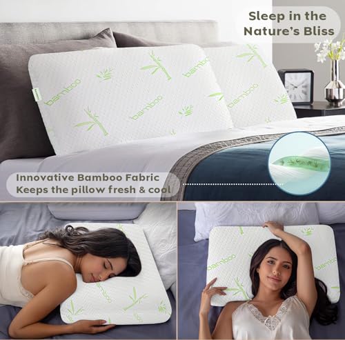 Image of AYKA Bamboo Memory Foam Pillow for Neck & Shoulder Pain | Neck Orthopedic Pillow for Sleeping, Pain Relief & Spinal Alignment | Ergonomic Design | 2 Years Warranty (Set of 2)