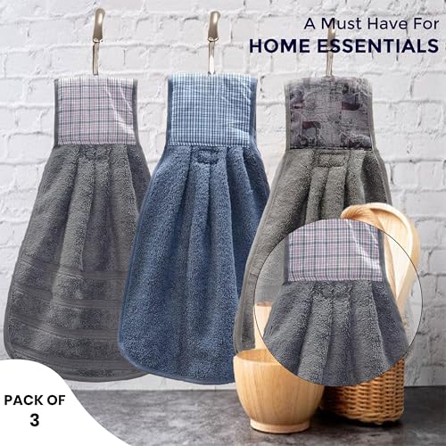 Image of Hand Towel with Loop | 600 GSM | Hanging Napkin for Wash Basin, Kitchen Sink, Bathroom| Pack of 3 in (Grey, Blue and Tan) | Assorted