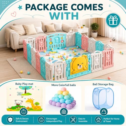 Image of Large Baby Playpen 18 Panels /36 Sq Ft Play Area Indoor Setup with Mat ,balls | Play Yard for Babies 0-3 Years with Padded Boundary |Indoor Outdoor Toddler , infant fence Activity Center with Safety Door Lock & Suction Cups (6 * 6 FT)