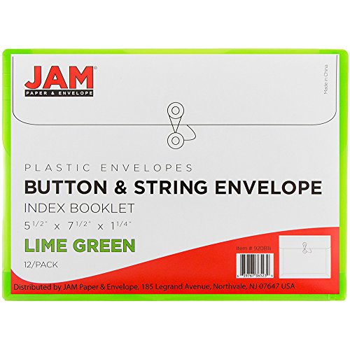 Jam Paper Plastic Envelopes With Button & String Tie Closure - Index Size - 5 1/2 X 7 1/2 - Lime Green - 12/Pack #TOP4