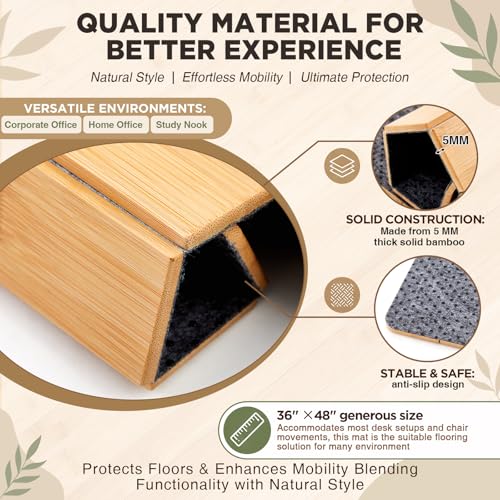 Image of Leinuosen 36 inch x 48 inch Office Bamboo Chairmat for Carpet Floor Mat Highly Premium Quality Anti-Slip Office & Home Floor Protector Low Pile Carpet Chair Mat, 5mm Thick(with Lip, Wood)