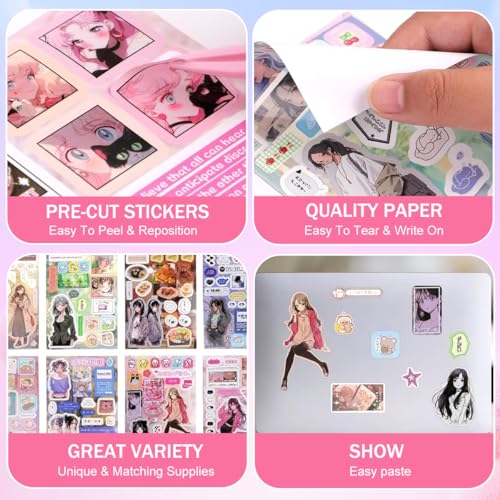 Image of 45-Sheet Japanese Sticker Book with 800+ Kawaii Manga Die-Cut Stickers, Retro Aesthetic Comic Scrapbook Supplies for Journaling, Planners, DIY Crafts, Decoration & Creative Art Projects(#C)