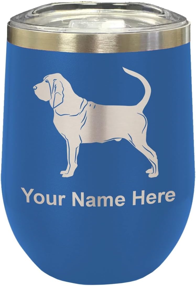 LaserGram 16oz Double Wall Stainless Steel Wine Glass Tumbler, Bloodhound Dog, Personalized Engraving Included (Black)
