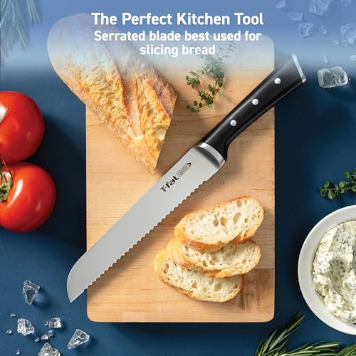 Image of T-fal Ice Force German Stainless Steel Bread Knife 8 Inch, Long Lasting Sharpness, High Cutting Precision, Superior Durability, Ultra Sharp Blades, Cookware Kitchen Knife, Cook Kitchen Tool, Black