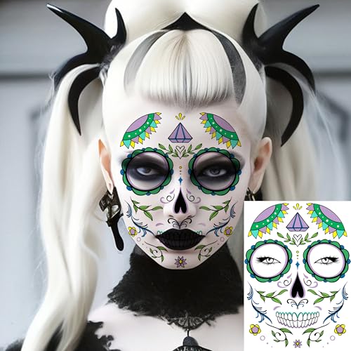 Image of 8 Sheets Day Of The Dead Face Tattoos Halloween Temporary Tattoos Sugar Skull Catrina Makeup Kit, Realistic Sugar Skull Face Mask Fake Tattoo Stickers Mexico Halloween Masquerade Party Favor Supplies
