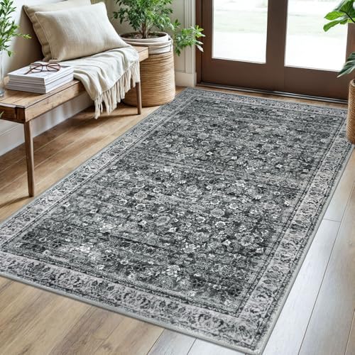 3x5 Moss Charcoal Washable Rug for Entryway, Soft Distressed Floral Rug with Non-Slip, Low-Pile Vintage Neutral Area Rugs for Living Room Nursery Bedroom, Dorm Carpet with Non-Shedding
