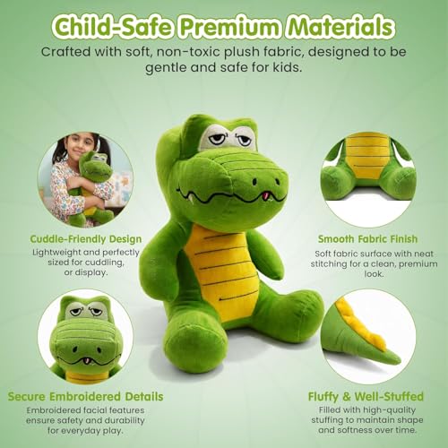 Image of Cute Green Crocodile Soft Toy for Kids - Plush Stuffed Crocodile in Sitting Posture - Ultra-Soft Huggable Animal Toy & Sleeping Pillow for Girls & Boys