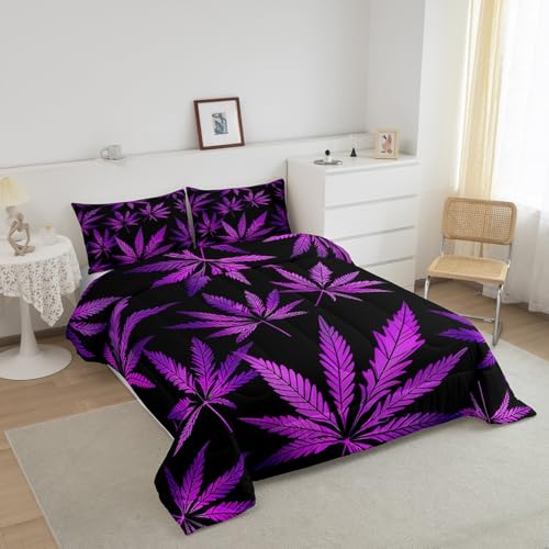 Image of Feelyou Marijuana Leaf Full Size Comforter Set Weed Leaf Botanical Black Purple Bedding Set for Kids Men Women Adults Cannabis Leaves Comforter Luxury Puple Hemp Quilt Set Room Decor 3Pcs