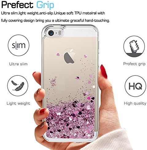 LeYi Compatible for iPhone SE Case (2016), iPhone 5S Case, iPhone 5 Case with 2pcs Tempered Glass Screen Protector for Girls Women, Cute Glitter Liquid Clear Protective Case for iPhone 5, Rose Gold