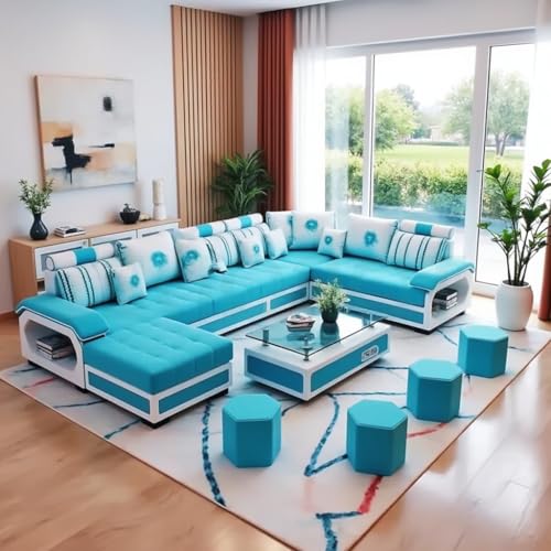 Image of Silvester 12 Seater Sofa Set for Living Room (Light Blue) | Interchangeable U Shape Sectional Sofa | Solid Wood Frame & High-Density Supersoft Foam | Includes Puffy & Stool | Modern Home Furniture