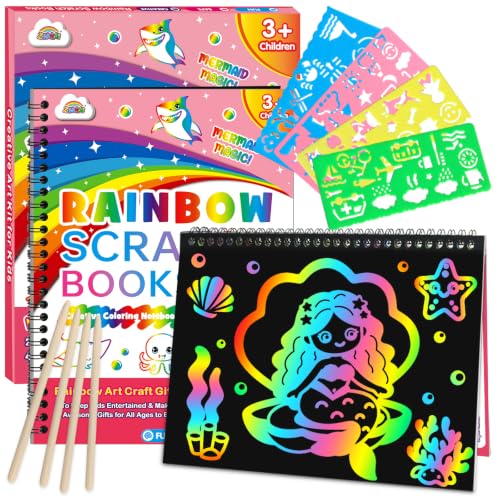 Image of ZMLM Scratch Paper Art Craft: 2 Pack Rainbow Scratch Set for 3 4 5 6 7 8 9 10 Years Old Girls Boys Students Drawing Coloring Black Magic Art Supplies Kits Gifts School Birthday Party Toys (Mermaid)
