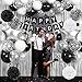 Jobkoo Black and Silver Birthday Decorations for Men Boys, Black White Silver Party Decorations Happy Bithday Banner Star Foil Balloon Fringe Curtain Pompom for Women Girls Party Supplies