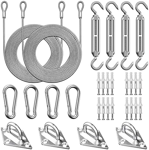 Sun Shade Sail Hardware Kit 6 Inch - 46 Pieces Set Stainless Steel Sun Sail Hardware Kit Mounting Accessories with Vinyl Coated Stainless Steel Wire Cable Ropes (12 Ft x 2) for Deck Railing