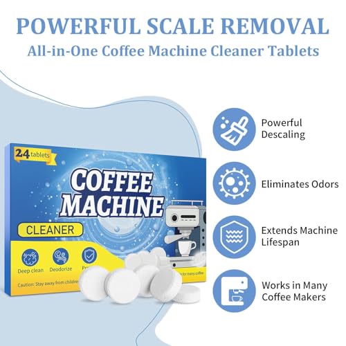 Pakimi Coffee Maker Cleaner Descaler Tablets, 24 Counts Machine Cleaning Tabs, Works with Multi-cup and Single-serve Brewers, Suitable for Descale Automatic Coffee, Restore Barista Grade Taste