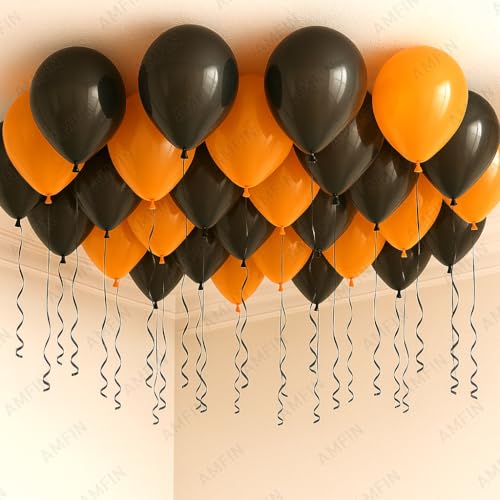 Image of AMFIN (Pack of 50) Halloween Party Balloons | Orange, Black Latex Balloons | Spooky Party Decorations for Birthday, Halloween, Events & Celebrations
