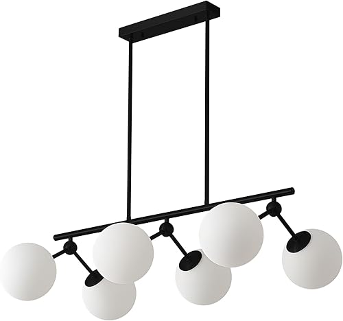 Miniatura 8 de Candelabro lineal moderno de 6 luces con globo de cristal de leche Sputnik, lámpara colgante plateada para cocina, isla de comedor, sobre mesa