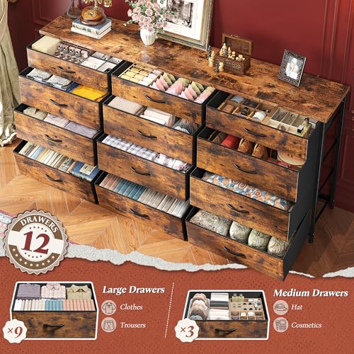 55" Dresser for Bedroom with 12 Fabric Drawers, Entertainment Center for 60 inch TV Dressers & Chests of Drawers Large Storage Organizer for Closet, Living Room, Metal Frame, Wood Top, Rustic Brown - Image 5