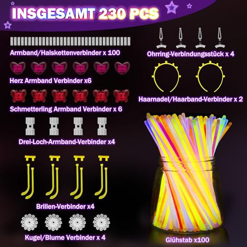 Millegu Knicklichter Party Set,100 Stück Leuchtstäbe 130 Verbinder,Neon Knicklichter Ketten und Leuchtbrillen für Kinder, Deko für Festival Hochzeiten Weihnacht Party Silvester Deko 2025
