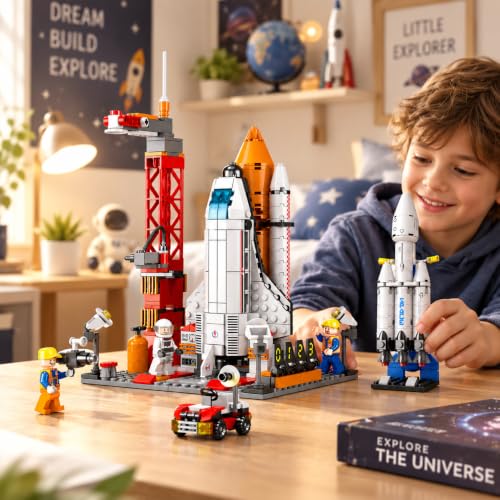 Image of SKY LINE OCEAN 8861 Space Ship Exploration Rocket & Launcher Set + Falcon Heavy Rocket 79 PCS Combo, STEAM Aerospace Building Kit, 5-Year Structural Warranty