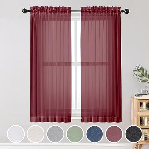 Image of OWENIE Sheer Curtains, Sheer Curtains 63 inch Length 2 Panels Set, Rod Pocket Voile Fimly Sheer Drapes for Living Room /Bedroom, 2pcs, Each 42 inch W x 63 inch L, Burgundy