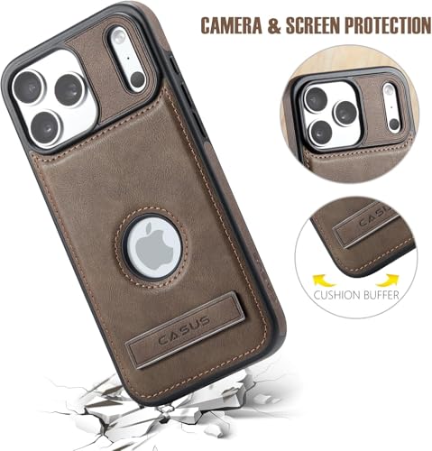 Image of Casus Designed for iPhone 17 Pro Max Case with MagSafe, Slim Kickstand Vegan Leather Protective Cover with Tempered Glass Screen Protector, 6.9 Inch (2025), Gray