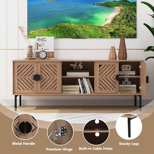 Image of ARTPOWER 63 inch Modern TV Stands，Entertainment Center with Storage，Natural Oak | TV Console for up to 75 inch TVs,TV Cabinet with 4 Doors & Adjustable Shelves, Media Console with Metal Handle for Living Room