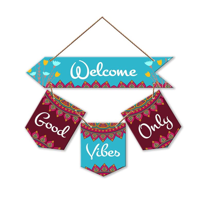 Proxoto Welcome Good Vibes Quote Decorative Wall Art MDF Wooden Wall Hanger for Living Room | Bedroom | Gifts | Wooden Home Decor Items | Welcome Sign Decoration Quotes Items