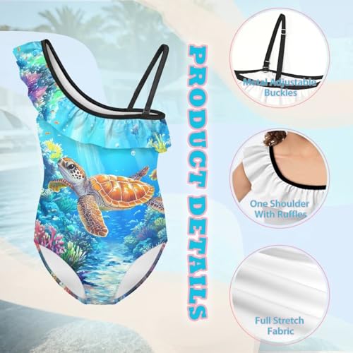 Girls One Piece Swimsuit One Shoulder Ruffle Cute Swimwear for Girls Hawaii Beach Bathing Suit,5-14t3