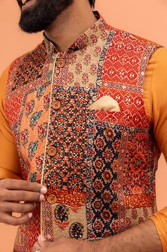 Image of Kisah Men's Cotton Printed Jacket Set with Nehru Jacket Regular Fit | Designer Ethnic Layering | Wedding & Occasion Wear