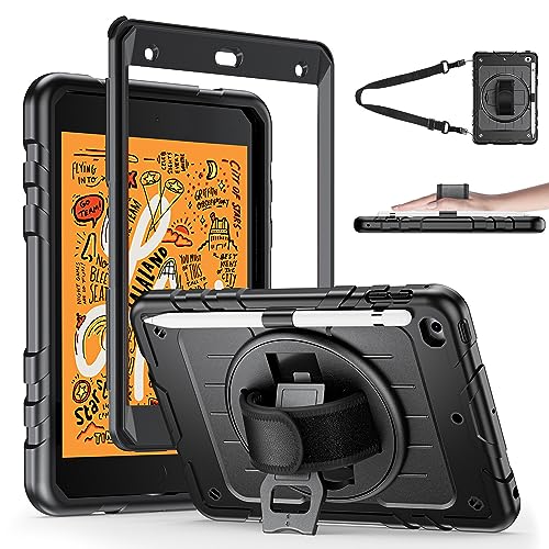 Stweap iPad mini 5/4 Generation 7.9 inch Case with Screen Protector Pencil Holder [360 Rotating Hand Strap] &Stand&Shoulder Strap, Heavy Duty Shockproof Protective Rugged Case for Kids(Black)