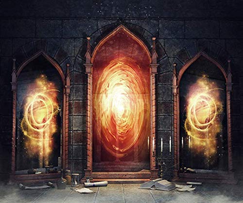 Laeacco 10x8ft Vintage Magical Arch Door Magic Gate Backdrop Dark Chamber Candle Flame Magic Mirrors Books Ancient Castle Interior Backdrop Spooky