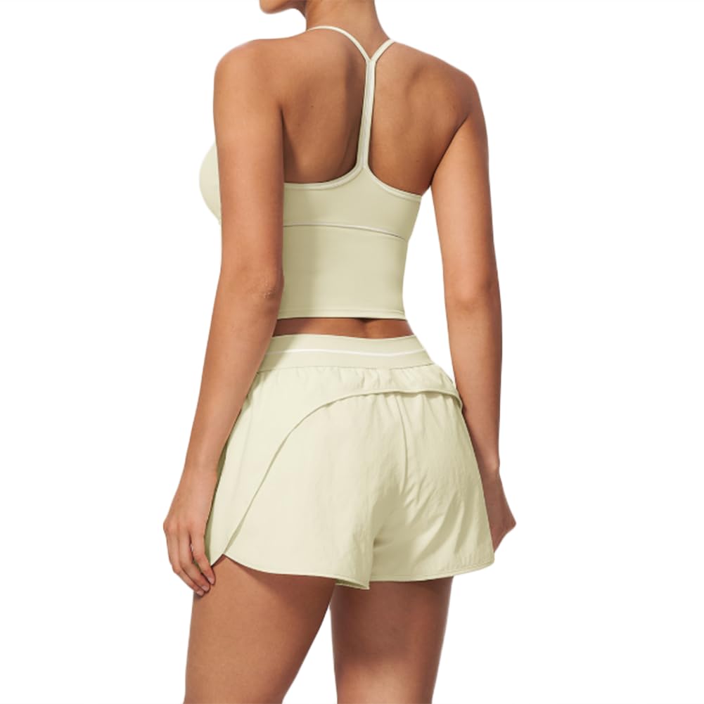 Conjunto deportivo 2 piezas camiseta halter escote V de secado rápido | Conjunto camiseta deportiva halter escote V y shorts deportivos 2 en 1 de talle alto, costuras en contraste, tela de secado r
