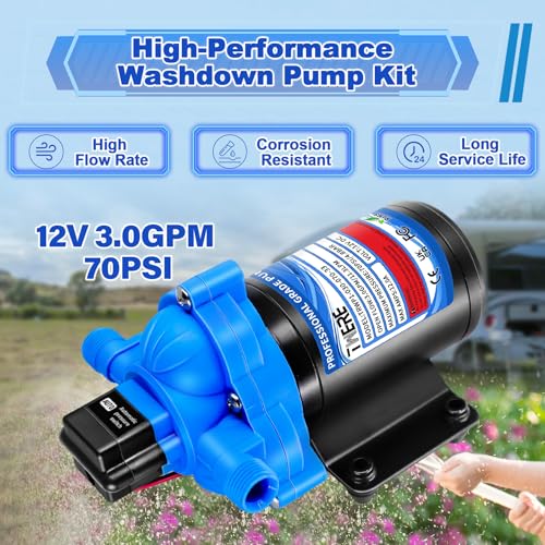 Image of 3.0 GPM 70 PSI Washdown Deck Wash Pump Kit, 12V Washdown Pump Kit with Strainer and Pressure Switch for RV,Boat,Sprayer,Travel Trailers,and Yacht TRWP1-030-070-33