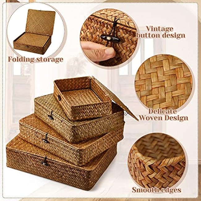 Set of 4 Seagrass Basket with Lid Wicker Storage Basket Decorative Storage Boxes with Lids Flat Storage Bins Woven Organizer Baskets for Shelf Closet Bedroom, 4 Sizes (Brown)