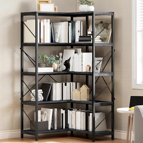 DWVO Corner Bookshelf, 5-Tier L-Shaped Bookshelf Storage Organizer, Tall Corner Bookcase Open Display Freestanding Storage Rack for Living Room, Home Office, Grey
