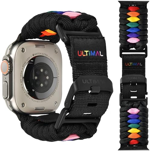 ULTIMAL Paracord Band Compatible with Apple Watch for 49/45/44/42mm, Braided Strap Design for Men Outdoors (49/45/44/42mm, Black/Rainbow)