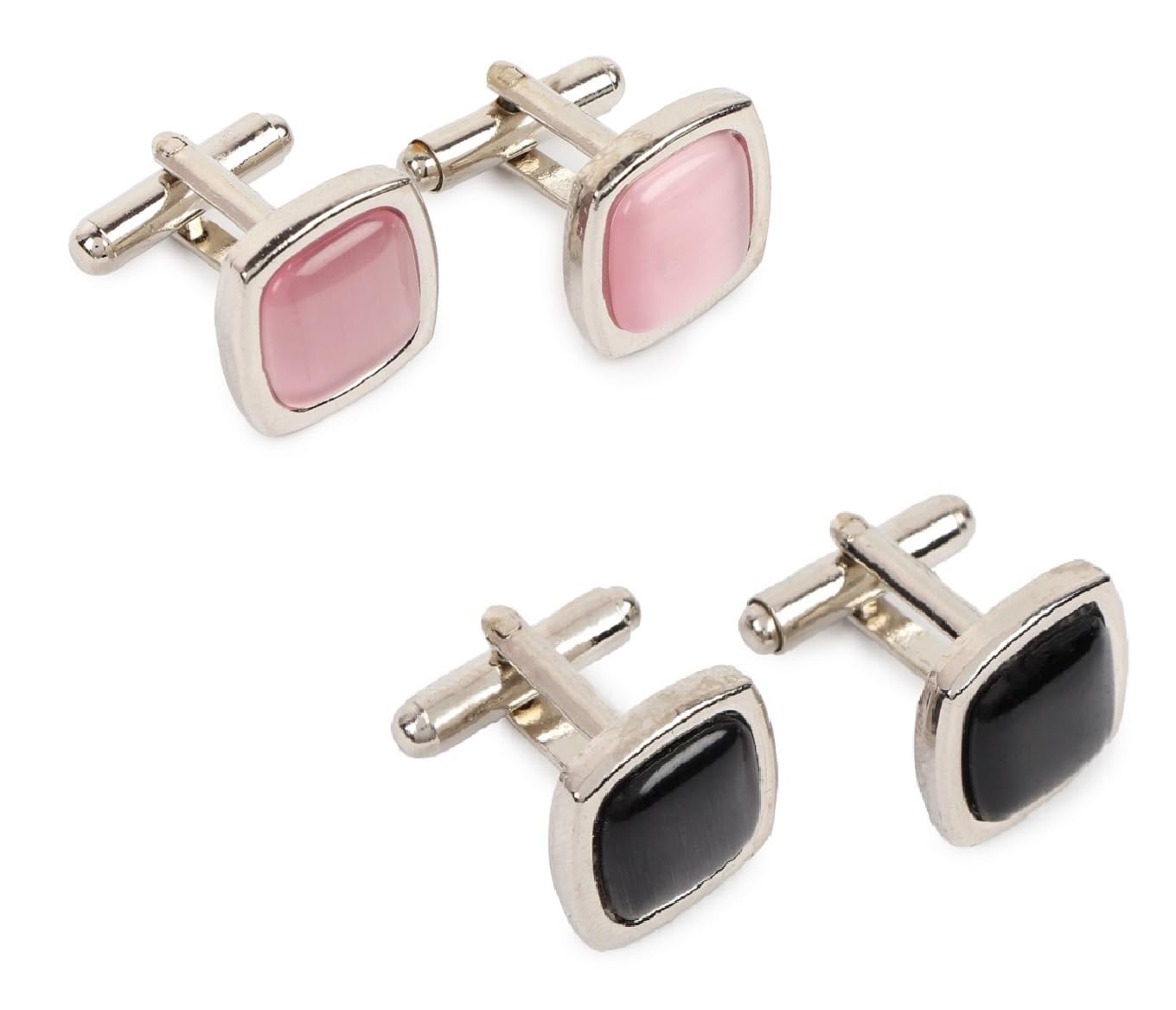 zitti Pack of 2 Square Brass Cufflinks with Stone Embellishment Black and Pink – Stylish Formal Cuff Links for Men with Pouch-picture-23