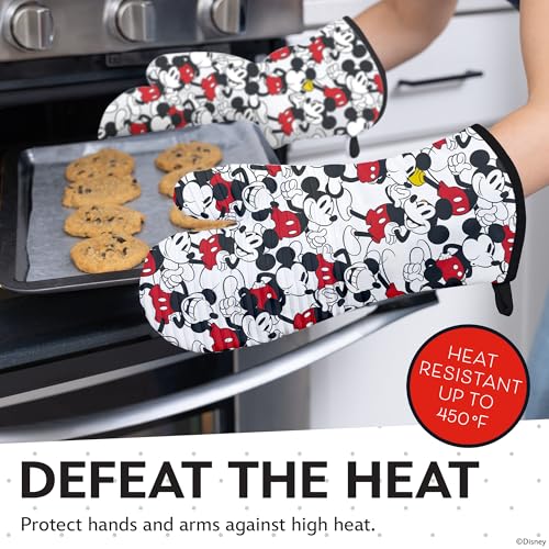 Image of Disney Silicone Oven Mitts Heat Resistant - Set of 2 Long Cuff Cotton Kitchen Mitts with Silicone Grip Stripes, Cute Oven Mitts & Pot Holders for Cooking, Baking & Kitchen Essentials- Mickey
