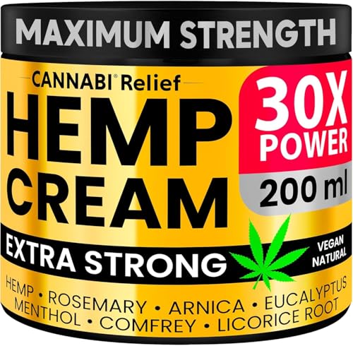 Crema de cáñamo EXTRA FUERTE 200 ml - Crema Músculos Masaje, Espalda, Región Lumbar, Rodillas, Cuello, Hombros - Arnica, Mentol, Romero & Caléndula - Rápida Absorción, Extractos Naturales Gel
