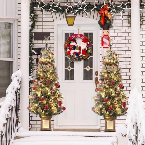 GAOMON 4.5ft Christmas Tree Pre-Lit Artificial Christmas Tree with Lighting Potted Base, Holiday Xmas Tree with 100 Warm White LED Lights Red Berries, Festival Decoration for Home, Entrances